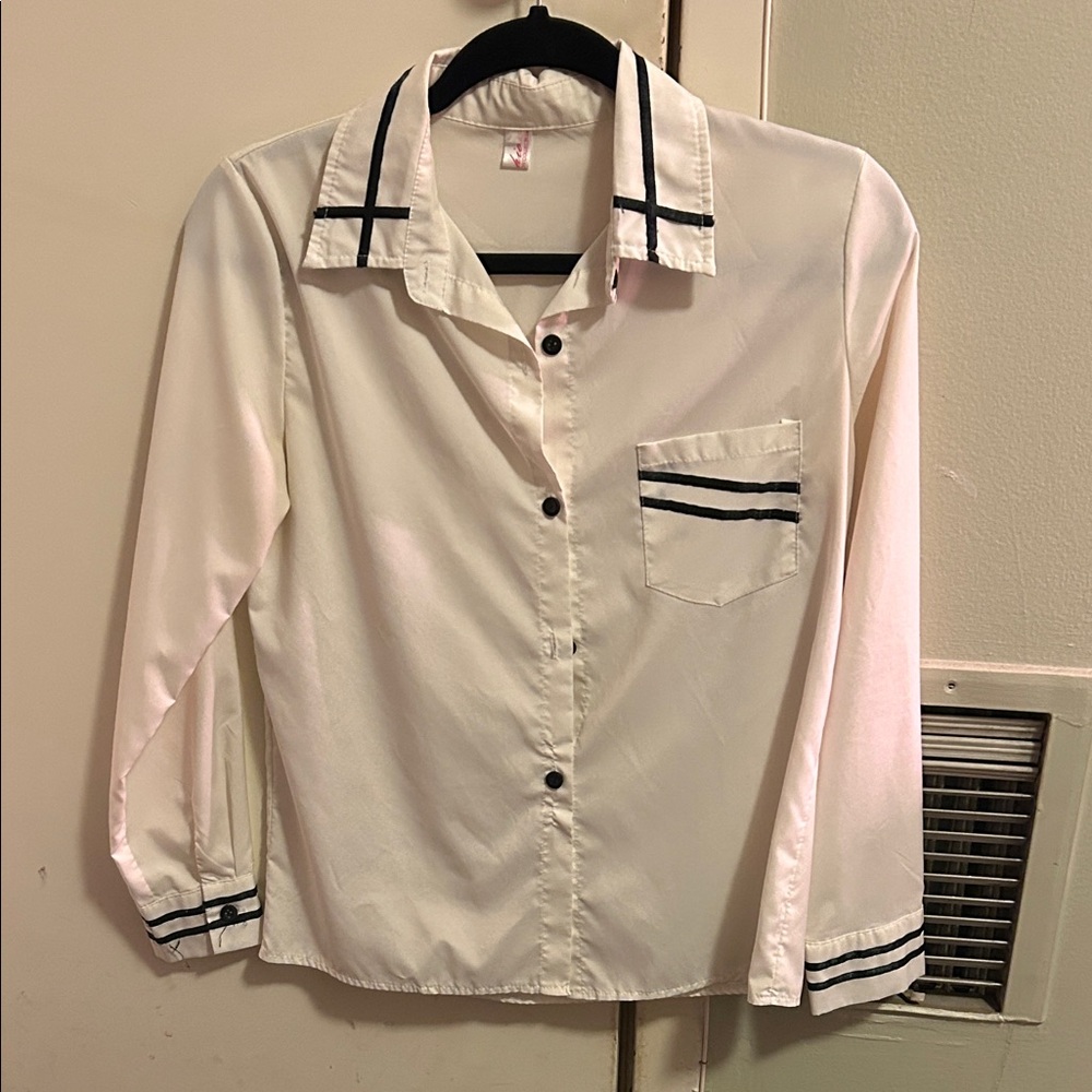 White Button-Up Shirt with Black Trim
